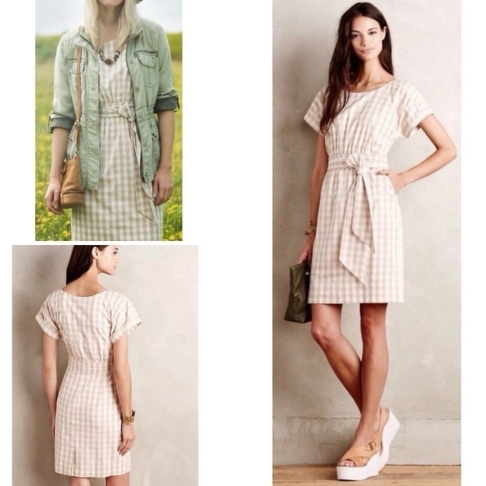 HD in Paris size 8 Checkered Poplin‎ Tie Belt Dress Tan Beige White Side Zip